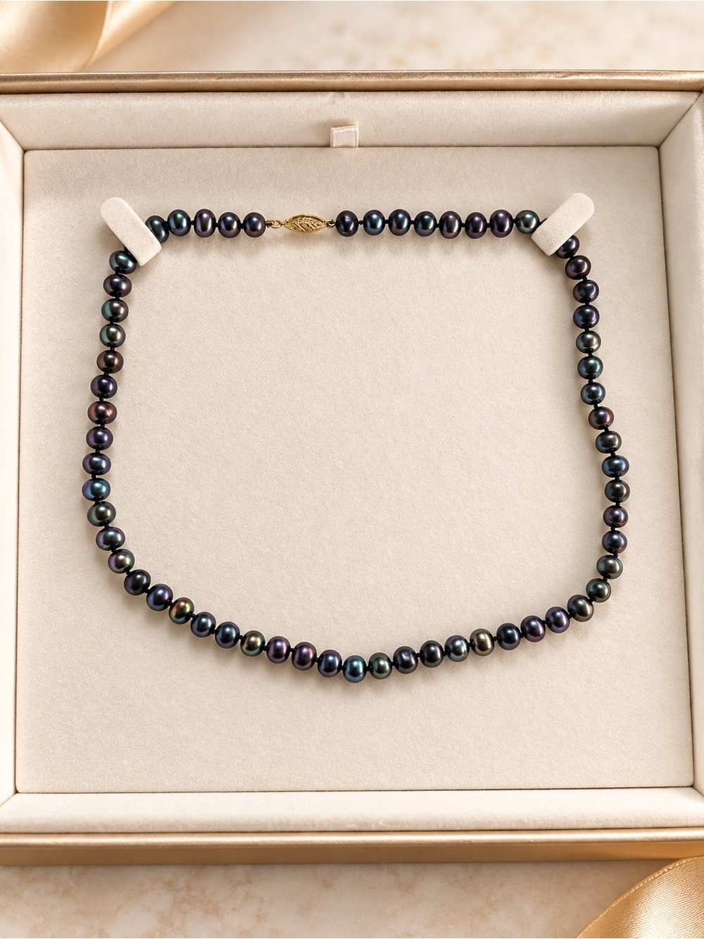 Black Freshwater Pearl Necklace with a solid 14K Gold clasp -18”